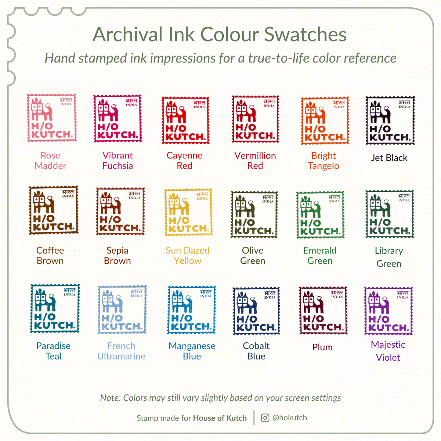 Archival ink color swatches with 'H/O Kutch' branding on a white background.